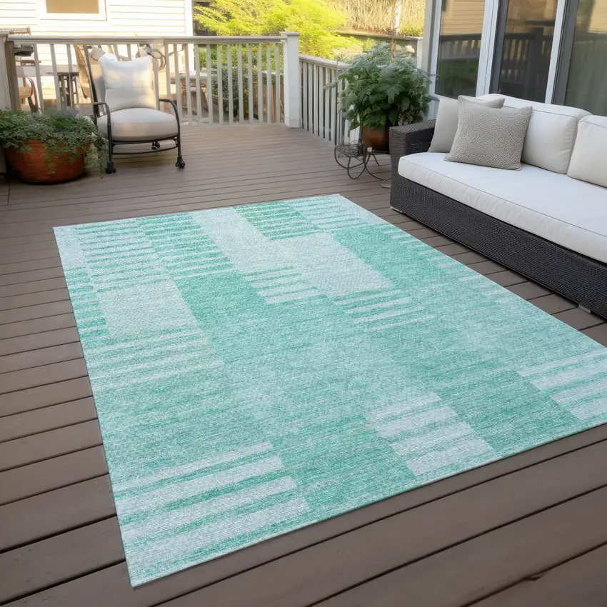 Teal Blue Aqua And Ivory Striped Washable Indoor Outdoor Area Rug Photo 7