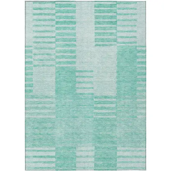 Teal Blue Aqua And Ivory Striped Washable Indoor Outdoor Area Rug Photo 2