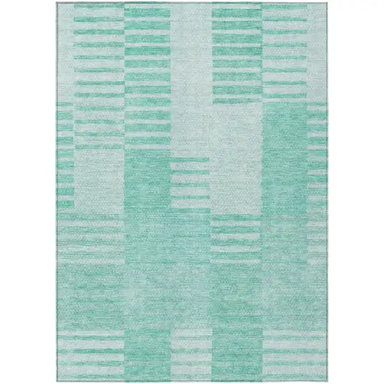 Teal Blue Aqua And Ivory Striped Washable Indoor Outdoor Area Rug Photo 2