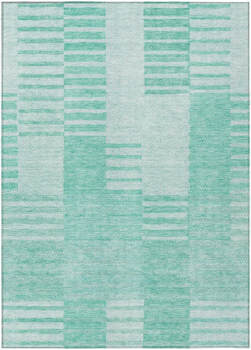 Teal Blue Aqua And Ivory Striped Washable Indoor Outdoor Area Rug Photo 2