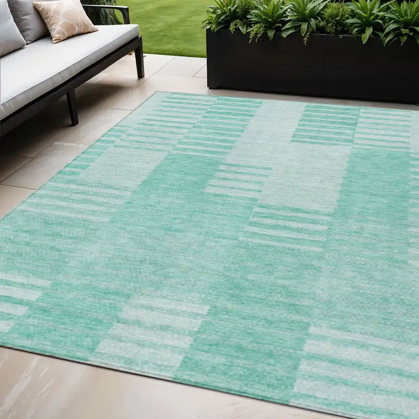 Teal Blue Aqua And Ivory Striped Washable Indoor Outdoor Area Rug Photo 1
