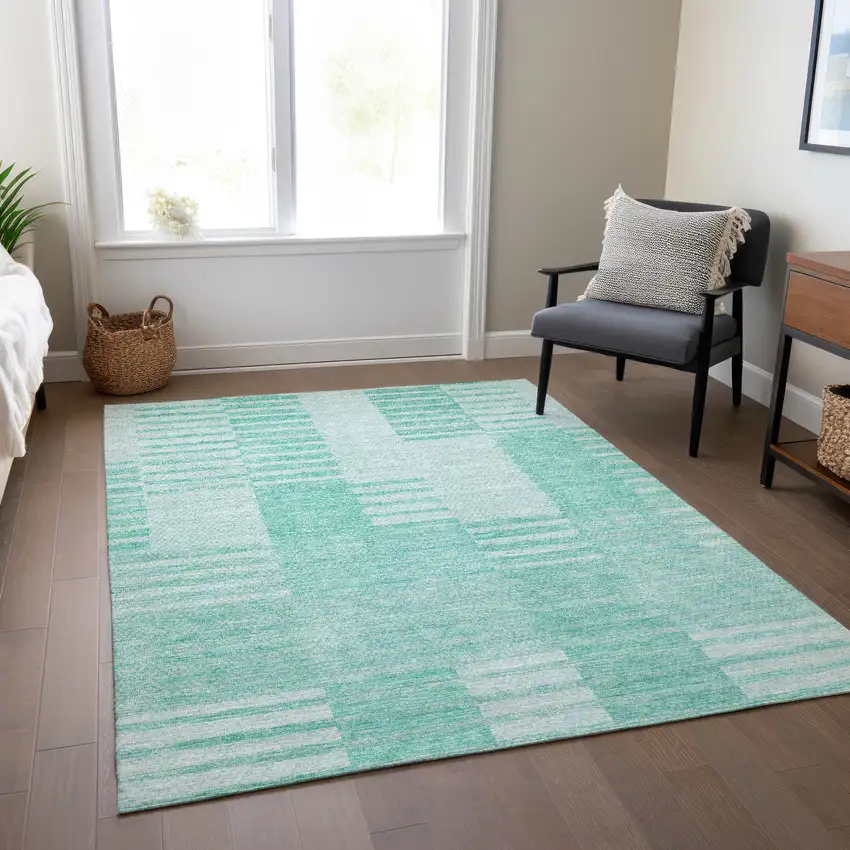 Teal Blue Aqua And Ivory Striped Washable Indoor Outdoor Area Rug Photo 8