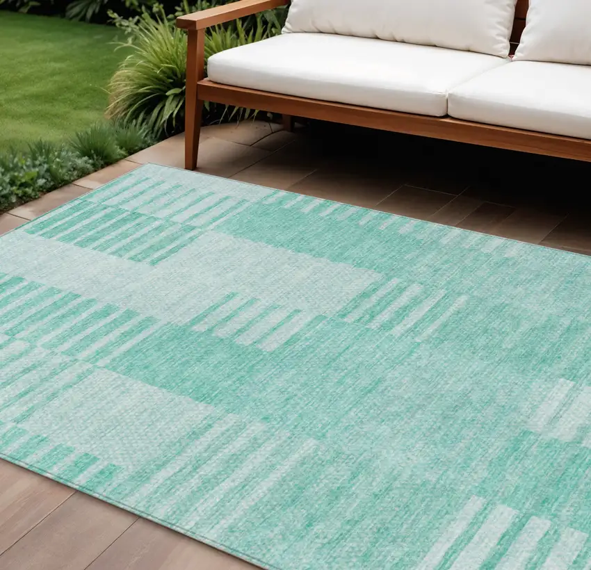 Teal Blue Aqua And Ivory Striped Washable Indoor Outdoor Area Rug Photo 1