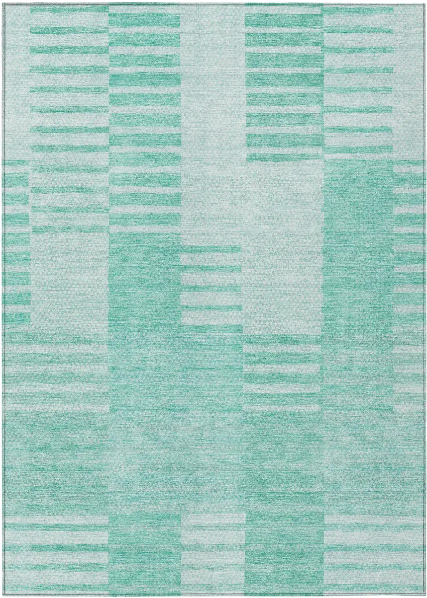 Teal Blue Aqua And Ivory Striped Washable Indoor Outdoor Area Rug Photo 2