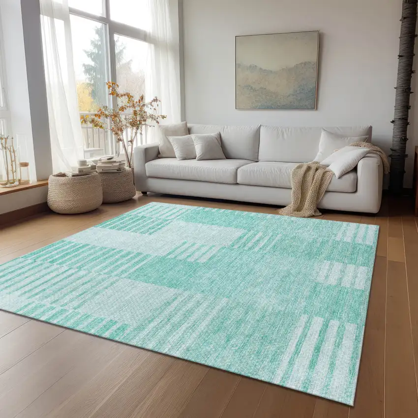 Teal Blue Aqua And Ivory Striped Washable Indoor Outdoor Area Rug Photo 9