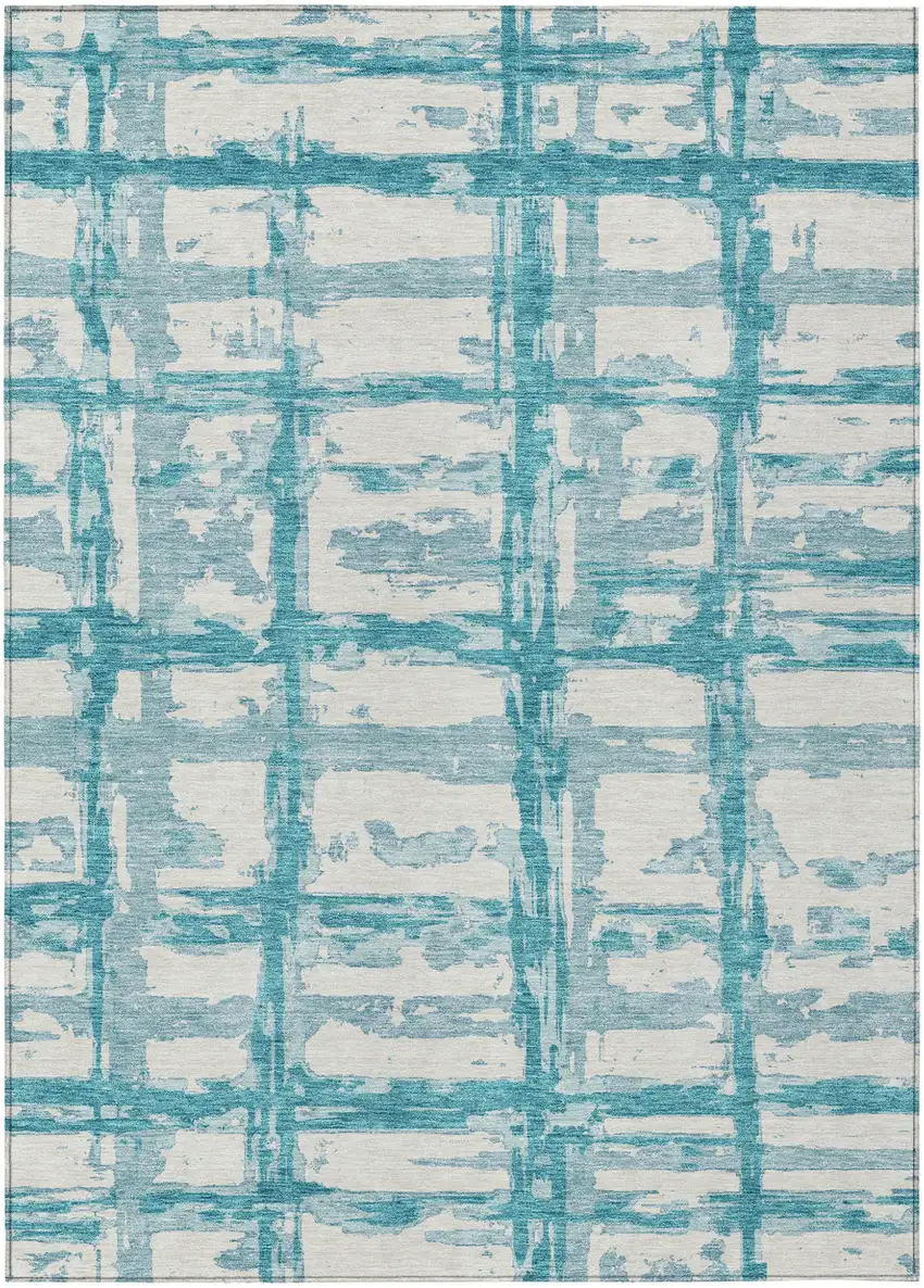 Teal Blue Aqua And Ivory Striped Washable Indoor Outdoor Area Rug Photo 1