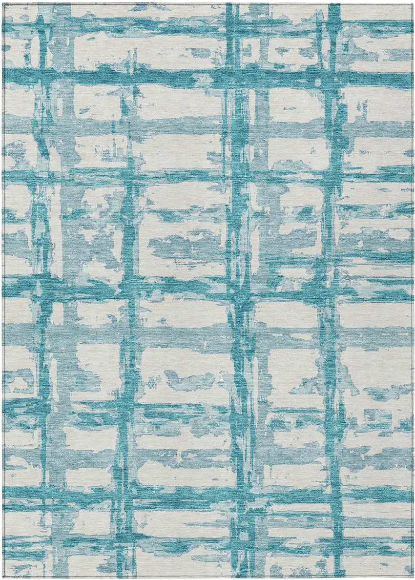 Teal Blue Aqua And Ivory Striped Washable Indoor Outdoor Area Rug Photo 1