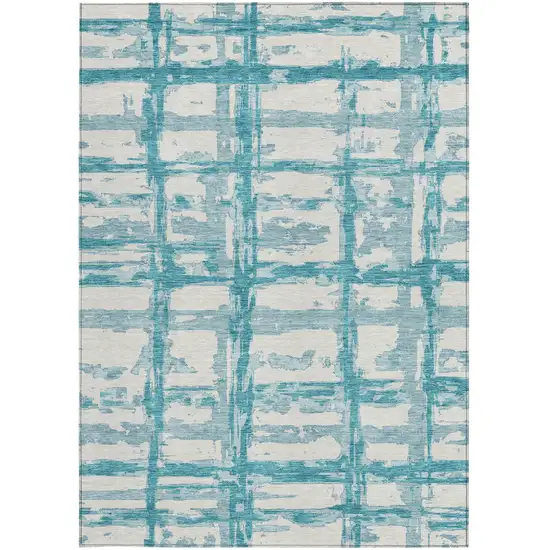 Teal Blue Aqua And Ivory Striped Washable Indoor Outdoor Area Rug Photo 6