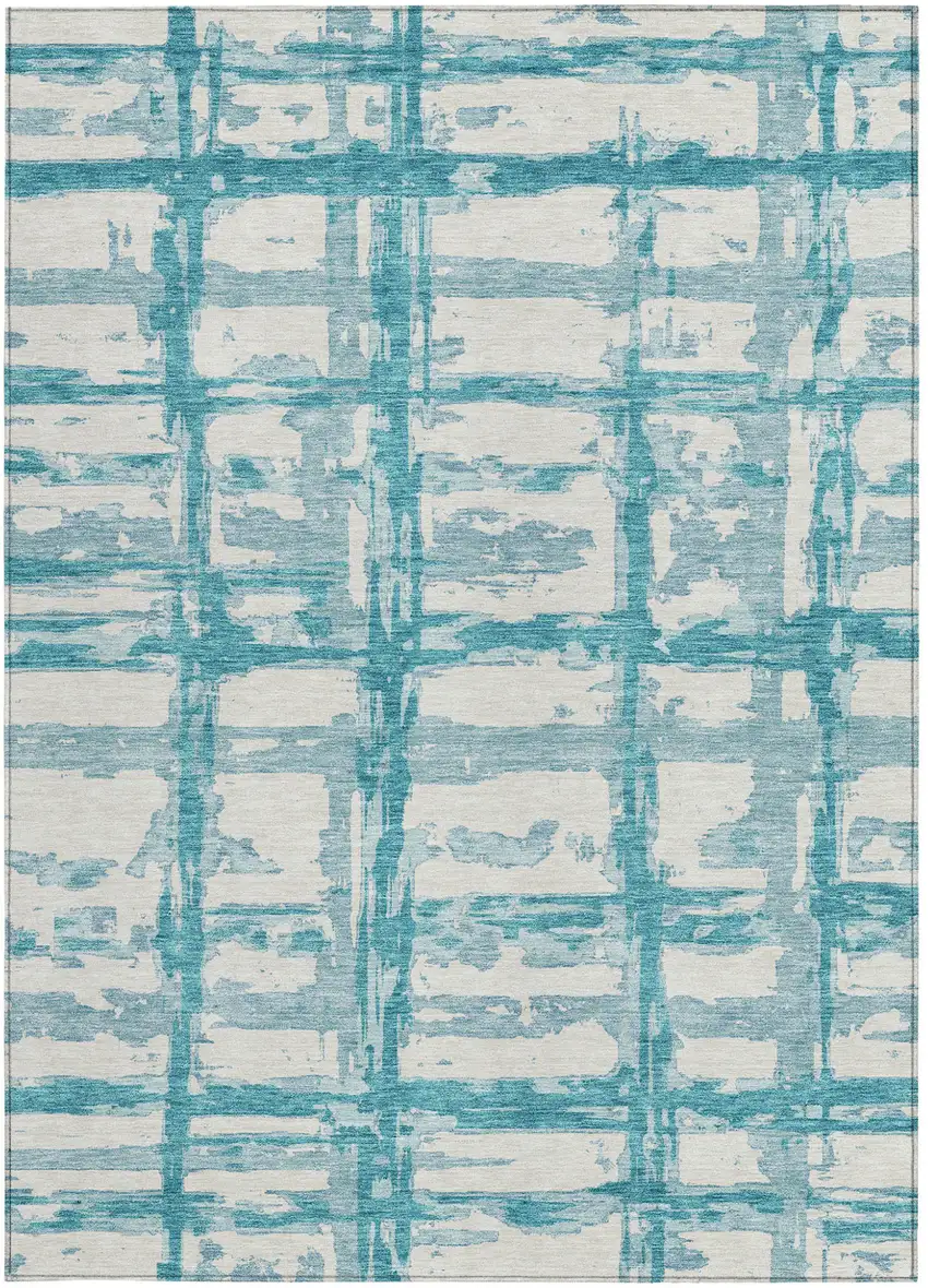 Teal Blue Aqua And Ivory Striped Washable Indoor Outdoor Area Rug Photo 6