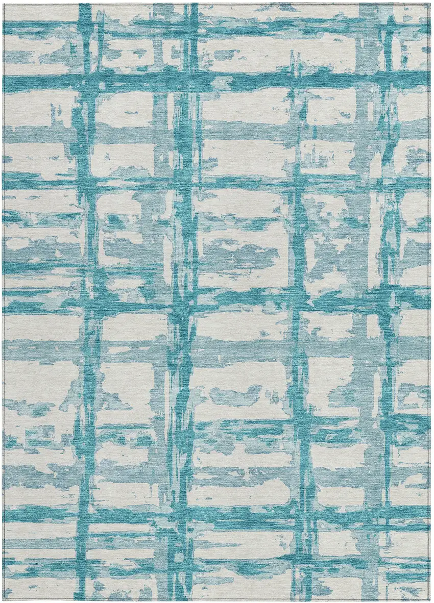 Teal Blue Aqua And Ivory Striped Washable Indoor Outdoor Area Rug Photo 6