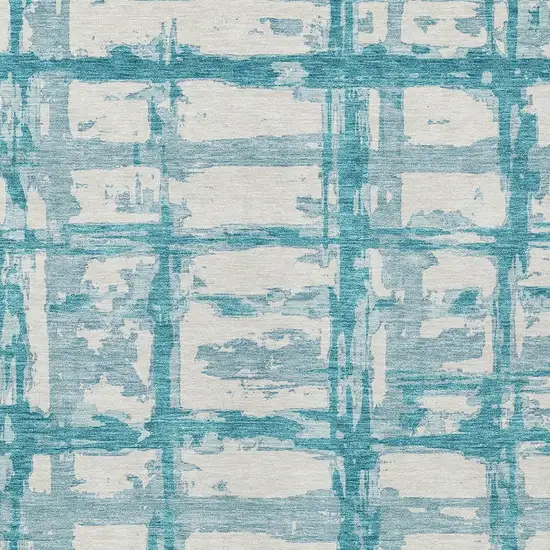Teal Blue Aqua And Ivory Striped Washable Indoor Outdoor Area Rug Photo 4