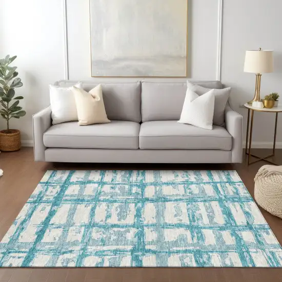 Teal Blue Aqua And Ivory Striped Washable Indoor Outdoor Area Rug Photo 8