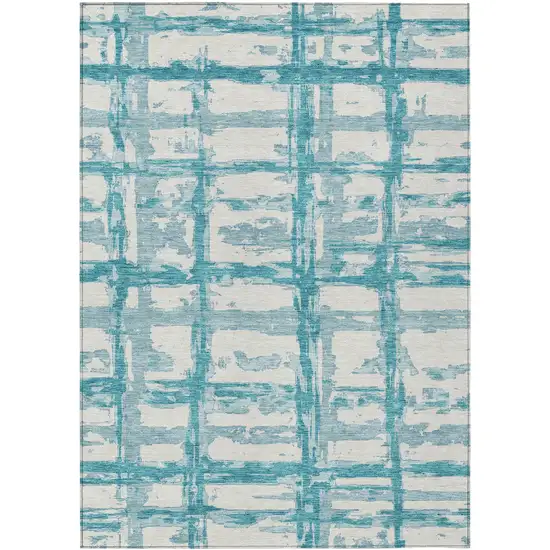 Teal Blue Aqua And Ivory Striped Washable Indoor Outdoor Area Rug Photo 1