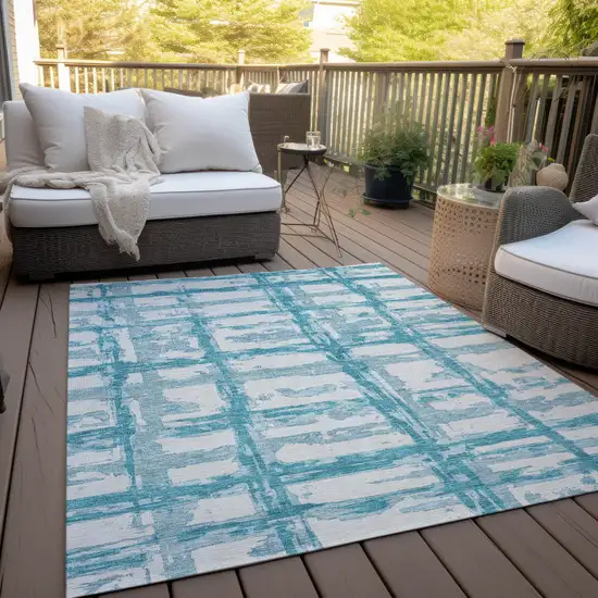 Teal Blue Aqua And Ivory Striped Washable Indoor Outdoor Area Rug Photo 9
