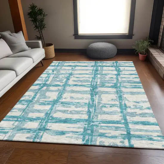 Teal Blue Aqua And Ivory Striped Washable Indoor Outdoor Area Rug Photo 7