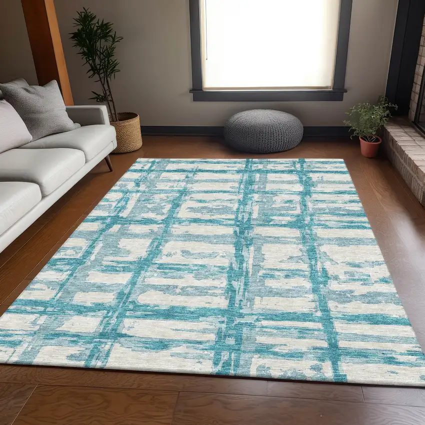 Teal Blue Aqua And Ivory Striped Washable Indoor Outdoor Area Rug Photo 7