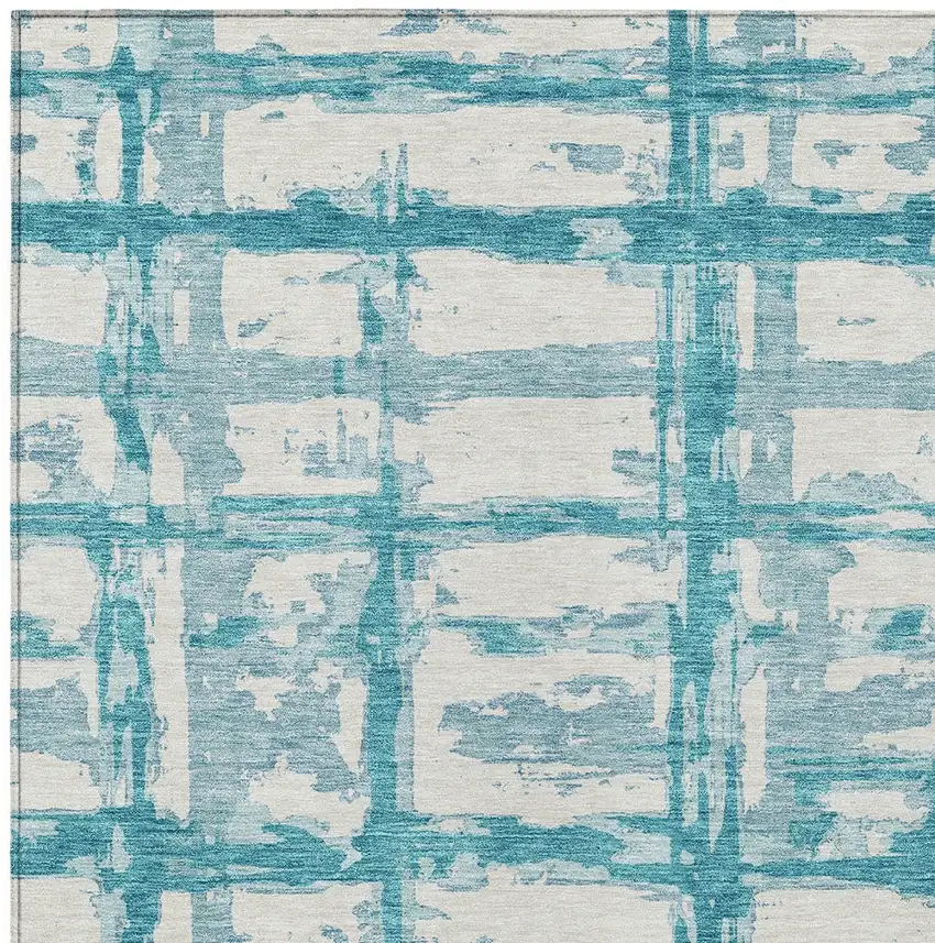 Teal Blue Aqua And Ivory Striped Washable Indoor Outdoor Area Rug Photo 5