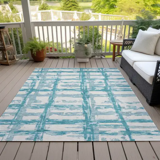 Teal Blue Aqua And Ivory Striped Washable Indoor Outdoor Area Rug Photo 6