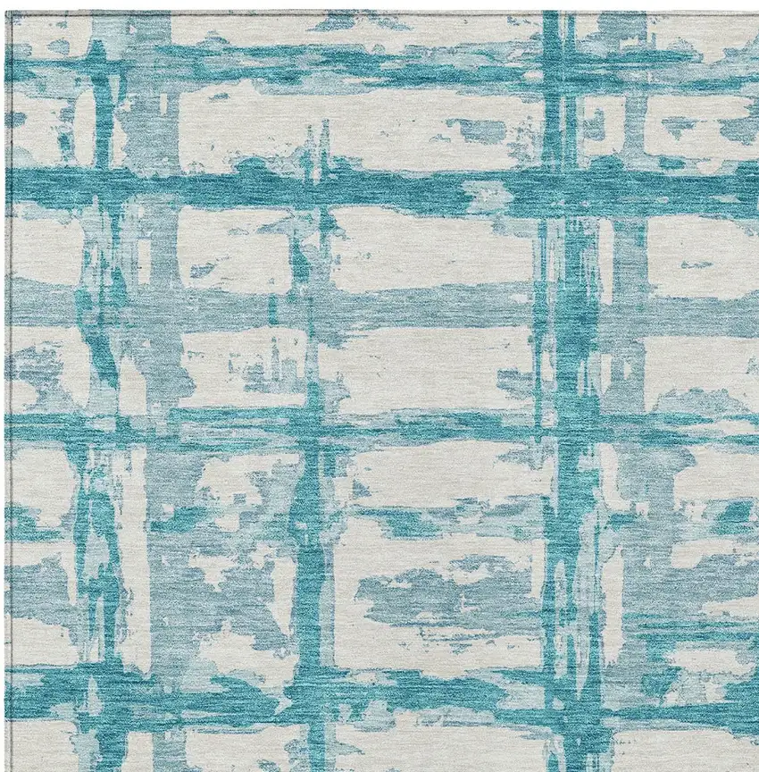 Teal Blue Aqua And Ivory Striped Washable Indoor Outdoor Area Rug Photo 4