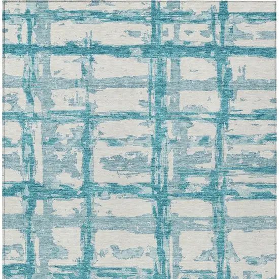 Teal Blue Aqua And Ivory Striped Washable Indoor Outdoor Area Rug Photo 5