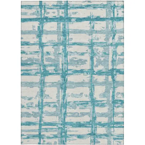Teal Blue Aqua And Ivory Striped Washable Indoor Outdoor Area Rug Photo 4