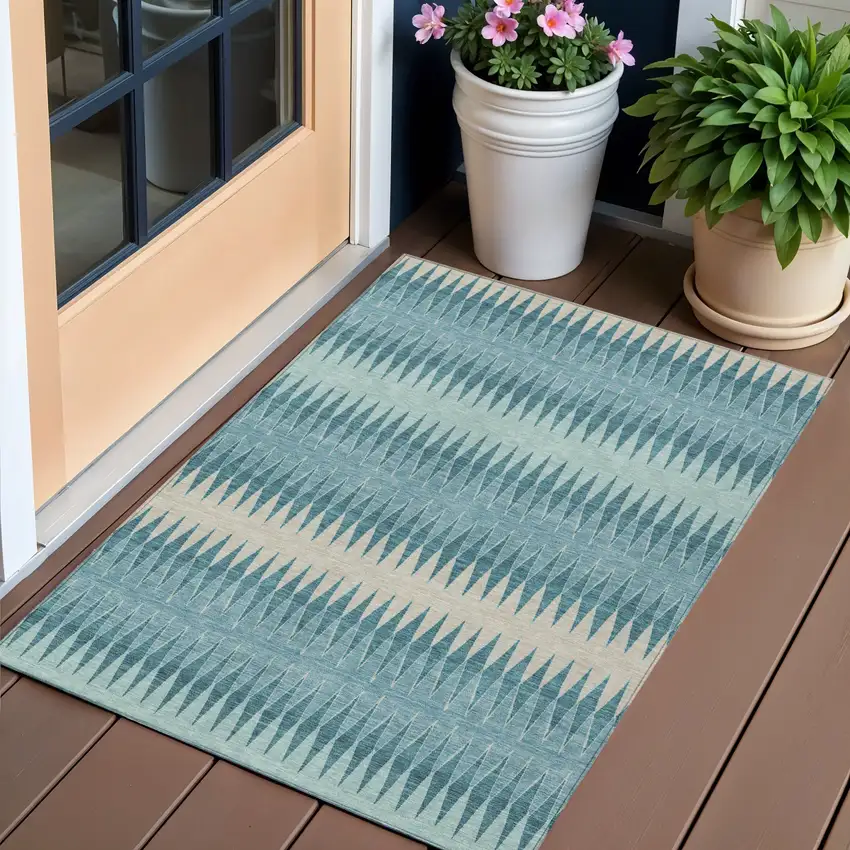 Teal Blue Aqua And Ivory Striped Washable Indoor Outdoor Area Rug Photo 1