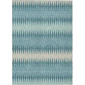 Photo of Teal Blue Aqua And Ivory Striped Washable Indoor Outdoor Area Rug