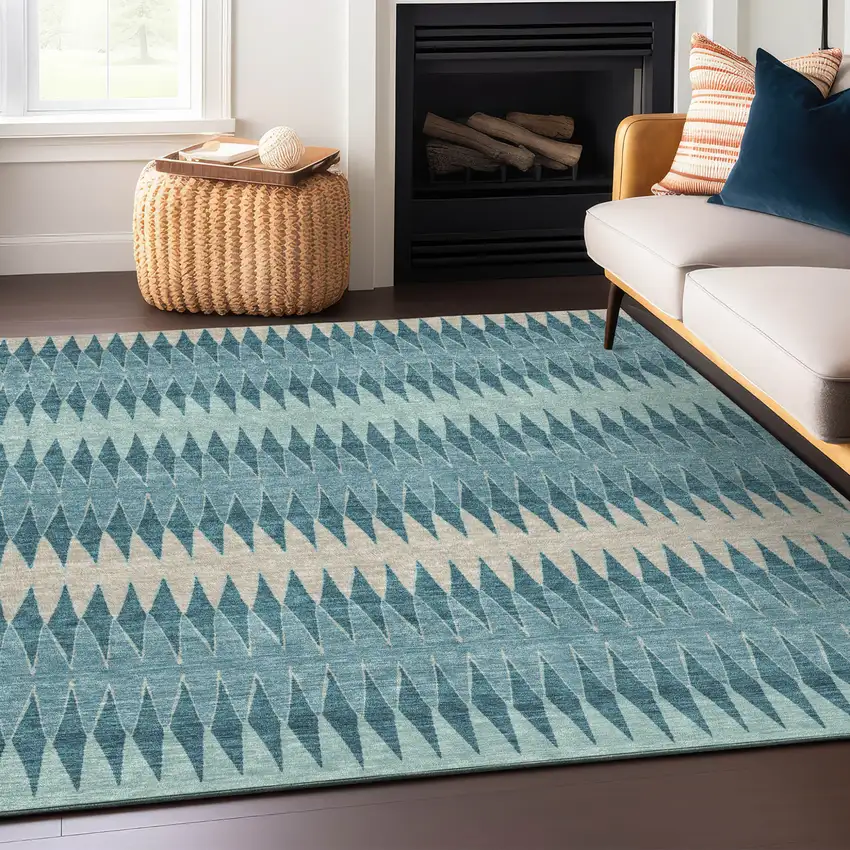 Teal Blue Aqua And Ivory Striped Washable Indoor Outdoor Area Rug Photo 8
