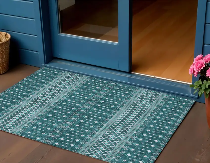 Teal Blue Aqua And Ivory Tribal Washable Indoor Outdoor Area Rug Photo 1