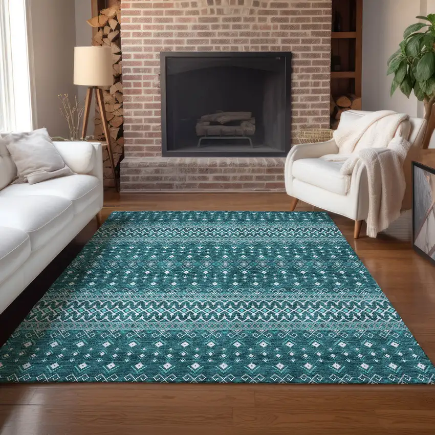 Teal Blue Aqua And Ivory Tribal Washable Indoor Outdoor Area Rug Photo 9