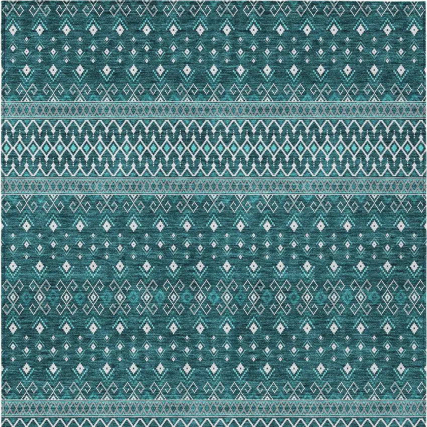 Teal Blue Aqua And Ivory Tribal Washable Indoor Outdoor Area Rug Photo 7
