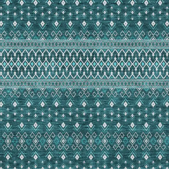 Teal Blue Aqua And Ivory Tribal Washable Indoor Outdoor Area Rug Photo 4