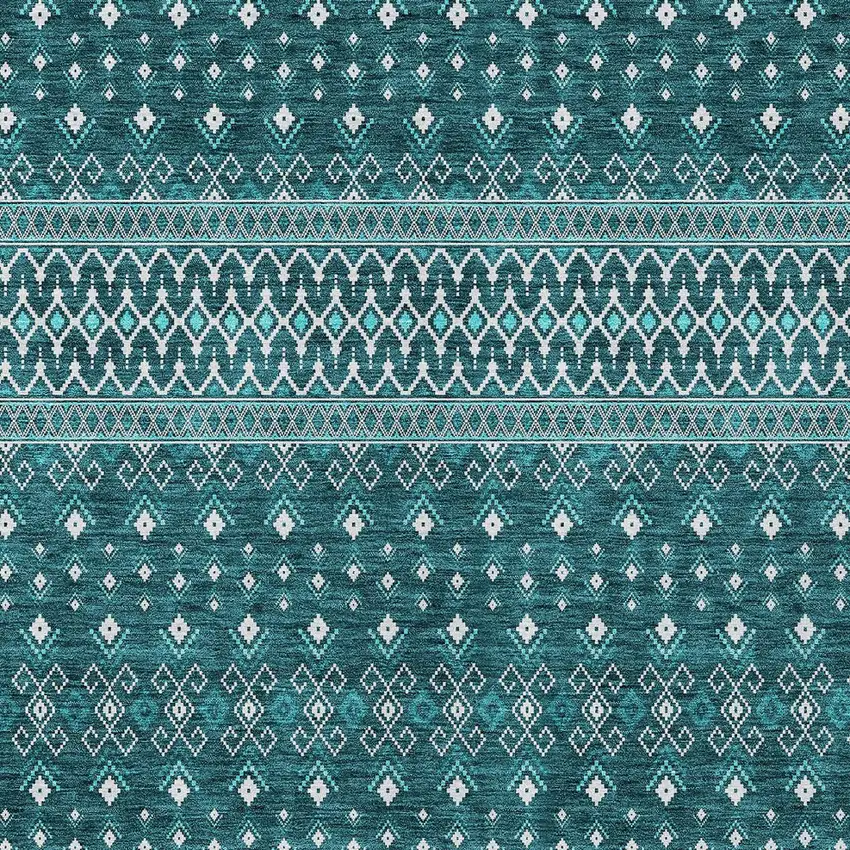 Teal Blue Aqua And Ivory Tribal Washable Indoor Outdoor Area Rug Photo 4