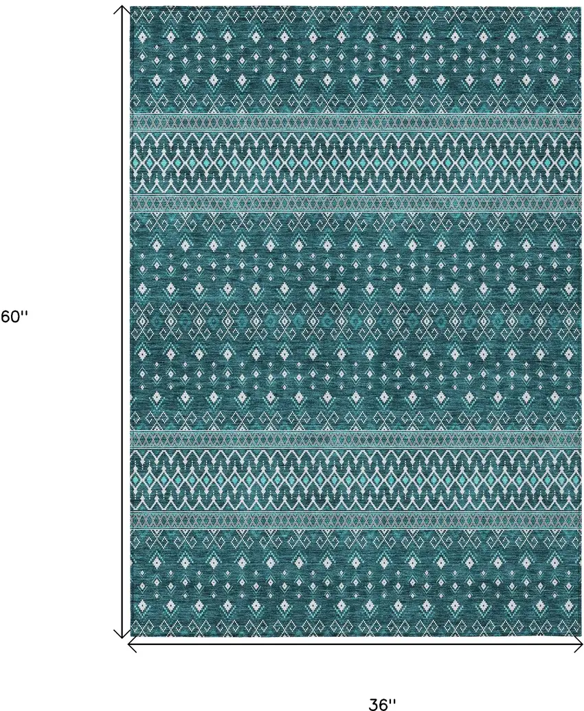 Teal Blue Aqua And Ivory Tribal Washable Indoor Outdoor Area Rug Photo 3