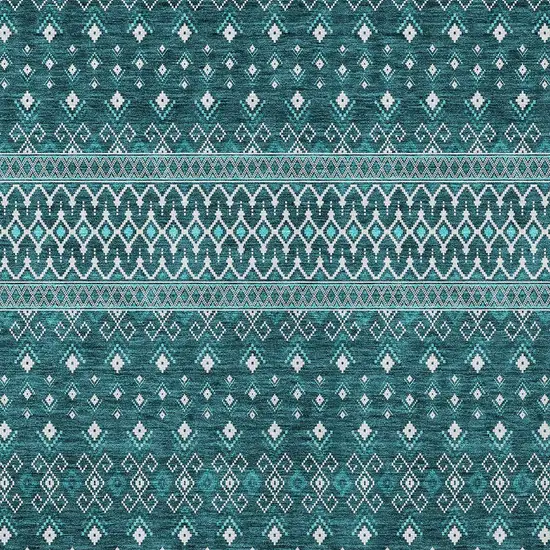 Teal Blue Aqua And Ivory Tribal Washable Indoor Outdoor Area Rug Photo 4
