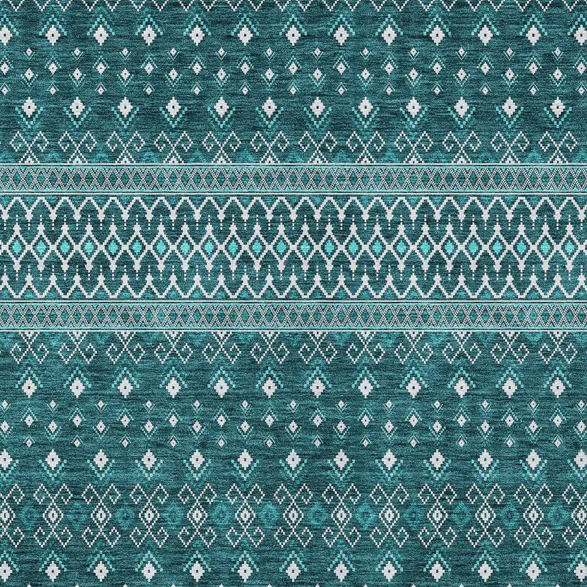 Teal Blue Aqua And Ivory Tribal Washable Indoor Outdoor Area Rug Photo 4