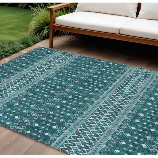 Teal Blue Aqua And Ivory Tribal Washable Indoor Outdoor Area Rug Photo 1