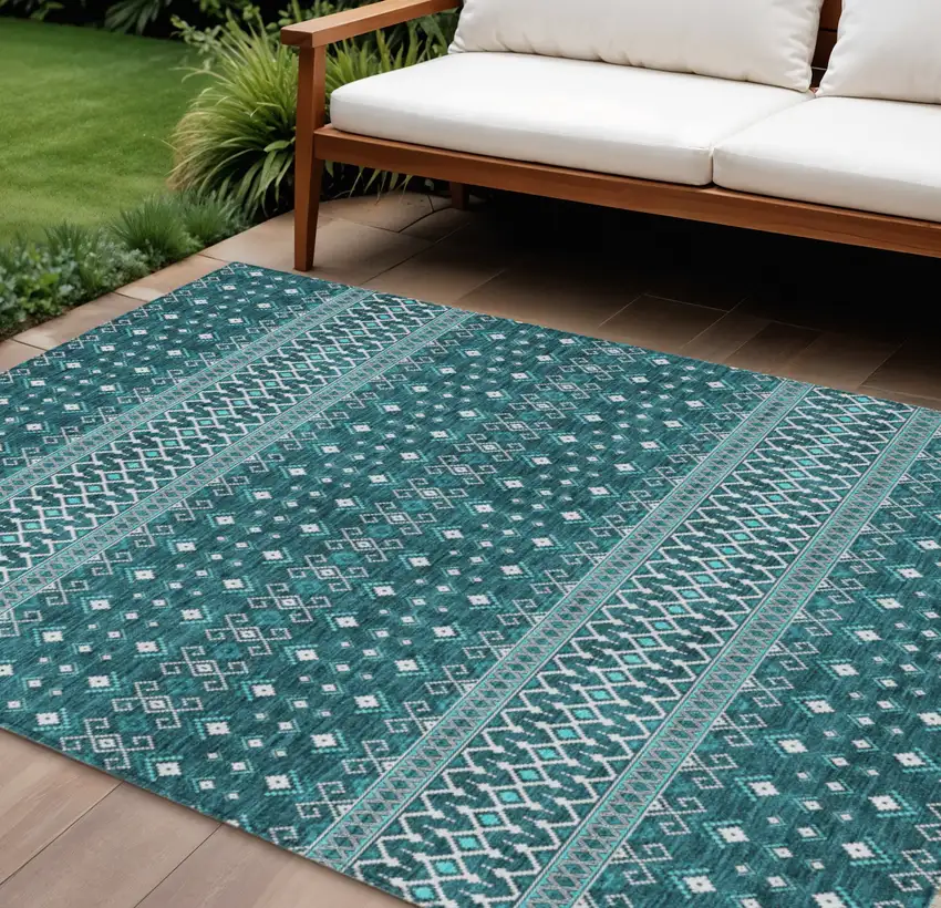 Teal Blue Aqua And Ivory Tribal Washable Indoor Outdoor Area Rug Photo 1