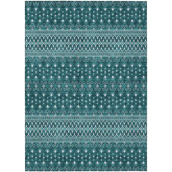 Teal Blue Aqua And Ivory Tribal Washable Indoor Outdoor Area Rug Photo 1