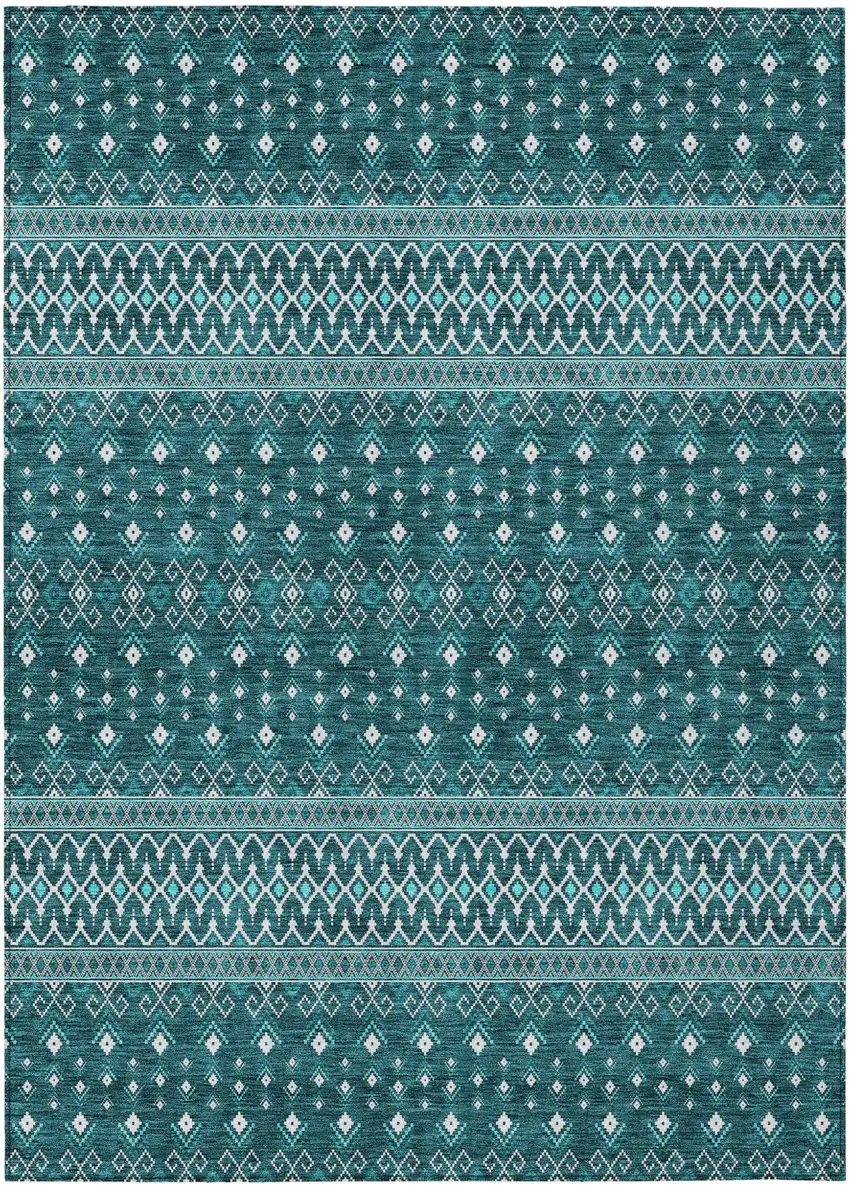 Teal Blue Aqua And Ivory Tribal Washable Indoor Outdoor Area Rug Photo 1