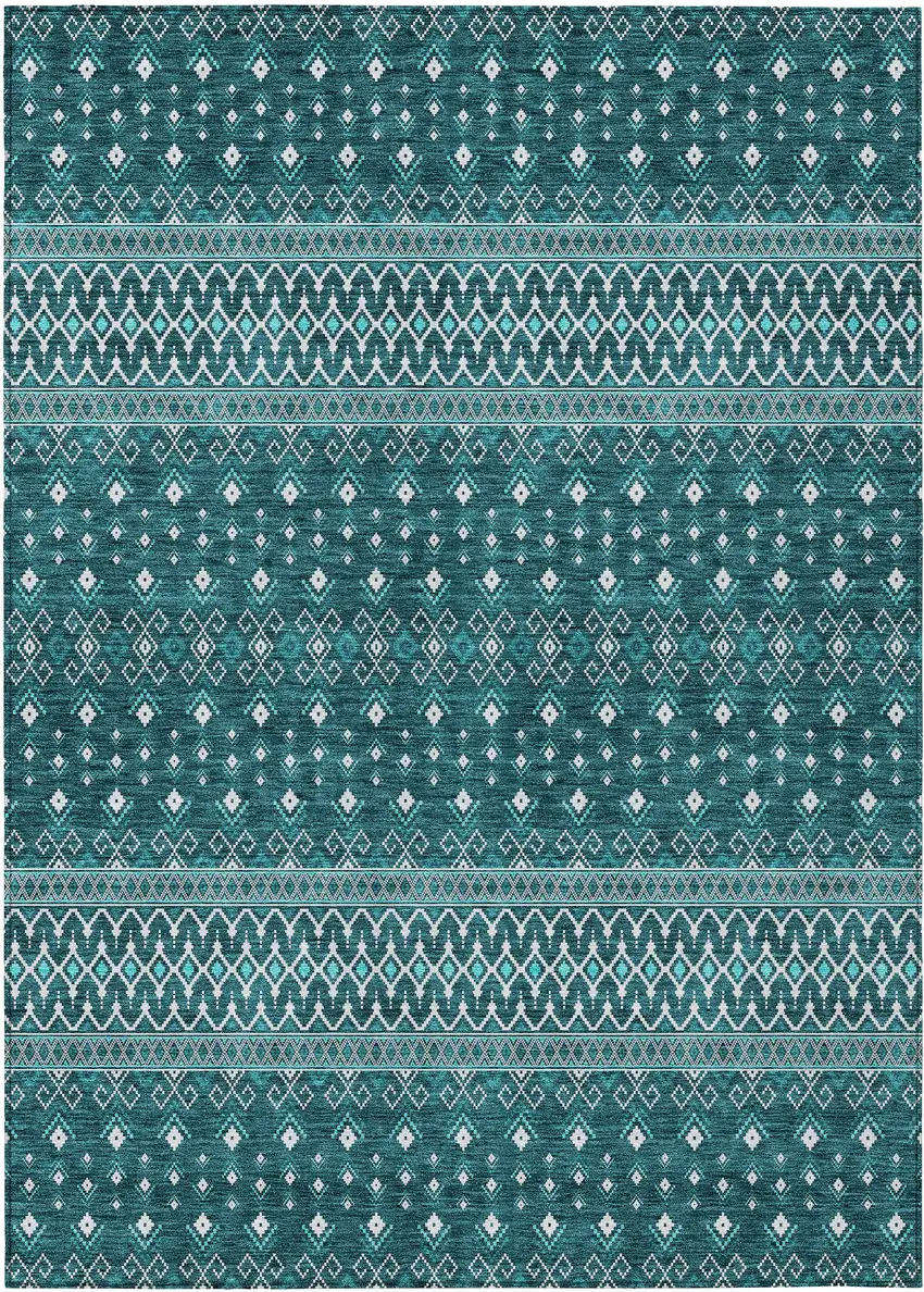 Teal Blue Aqua And Ivory Tribal Washable Indoor Outdoor Area Rug Photo 1