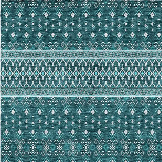 Teal Blue Aqua And Ivory Tribal Washable Indoor Outdoor Area Rug Photo 4