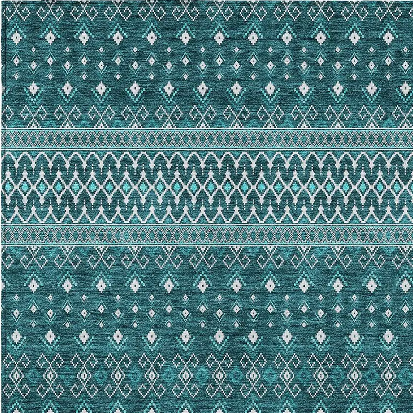 Teal Blue Aqua And Ivory Tribal Washable Indoor Outdoor Area Rug Photo 4