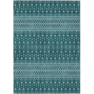Photo of Teal Blue Aqua And Ivory Tribal Washable Indoor Outdoor Area Rug