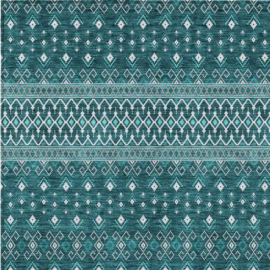 Teal Blue Aqua And Ivory Tribal Washable Indoor Outdoor Area Rug Photo 4