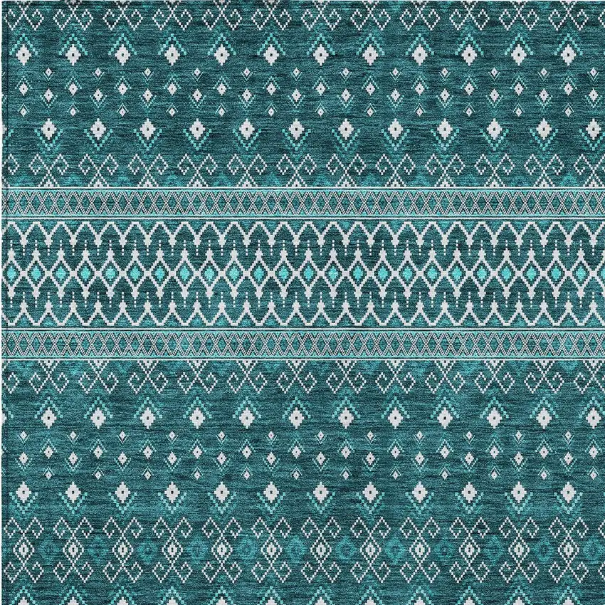 Teal Blue Aqua And Ivory Tribal Washable Indoor Outdoor Area Rug Photo 4
