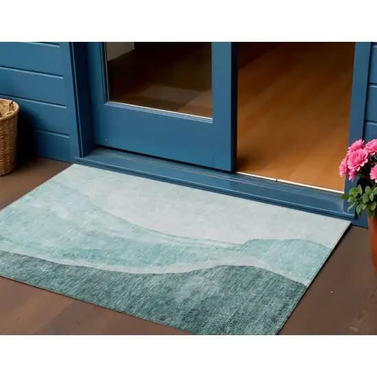 Teal Blue Aqua And Mint Green Abstract Washable Indoor Outdoor Area Rug Photo 1