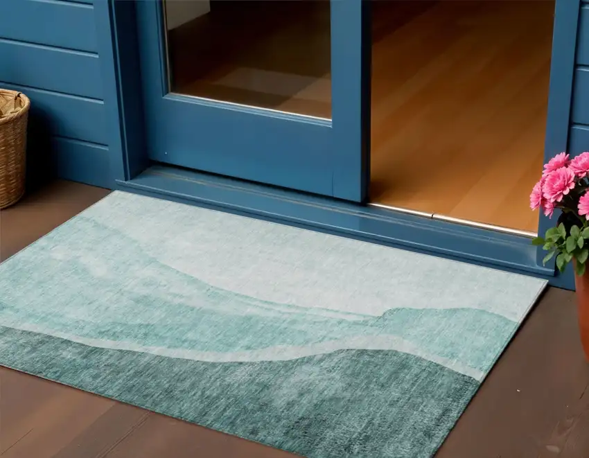 Teal Blue Aqua And Mint Green Abstract Washable Indoor Outdoor Area Rug Photo 1