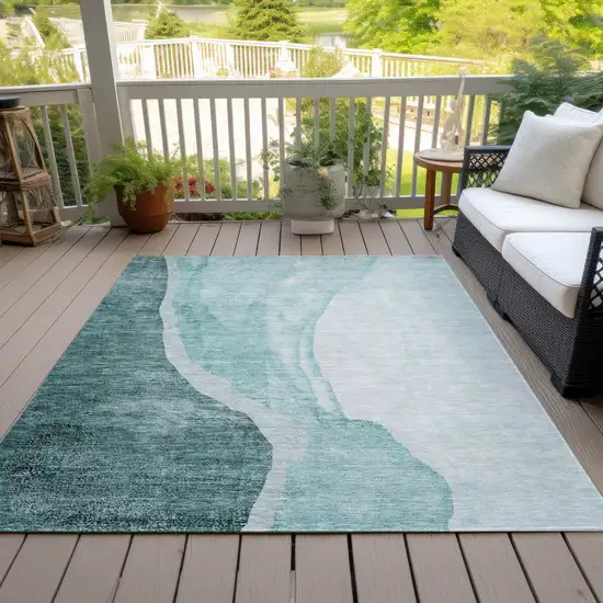 Teal Blue Aqua And Mint Green Abstract Washable Indoor Outdoor Area Rug Photo 5