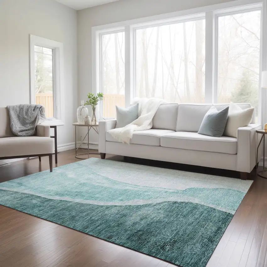 Teal Blue Aqua And Mint Green Abstract Washable Indoor Outdoor Area Rug Photo 7